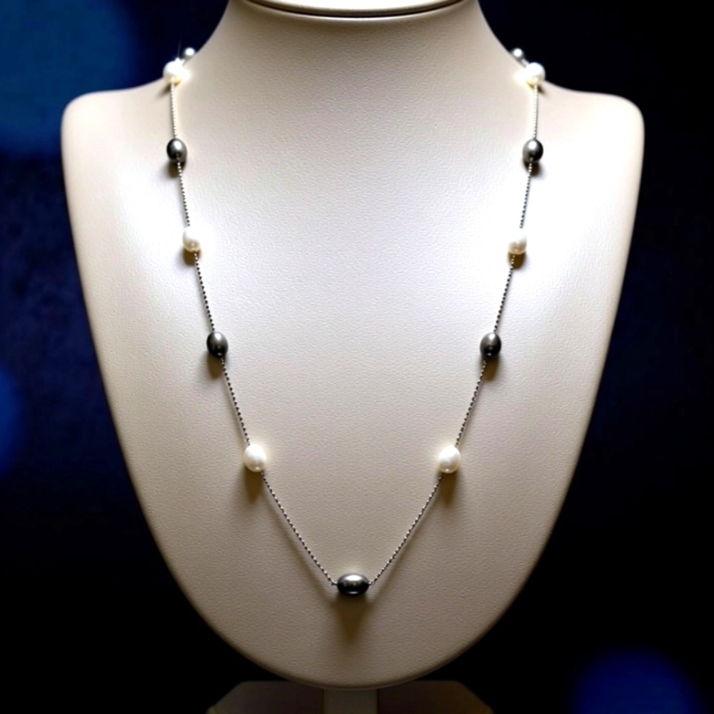 Black & White Freshwater Pearl Station Necklace 36in. Rodium Finish Chain - Picture 3 of 9